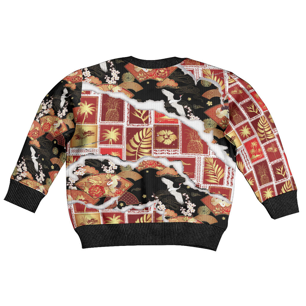 Hawaii Japanese Culture Black Kid Ugly Christmas Sweater Spring Cranes Aloha Pattern LT01 - Polynesian Pride