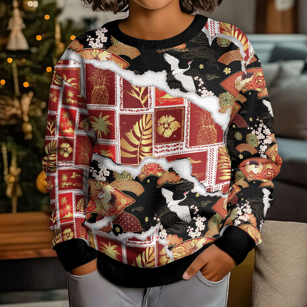 Hawaii Japanese Culture Black Kid Ugly Christmas Sweater Spring Cranes Aloha Pattern LT01 - Polynesian Pride
