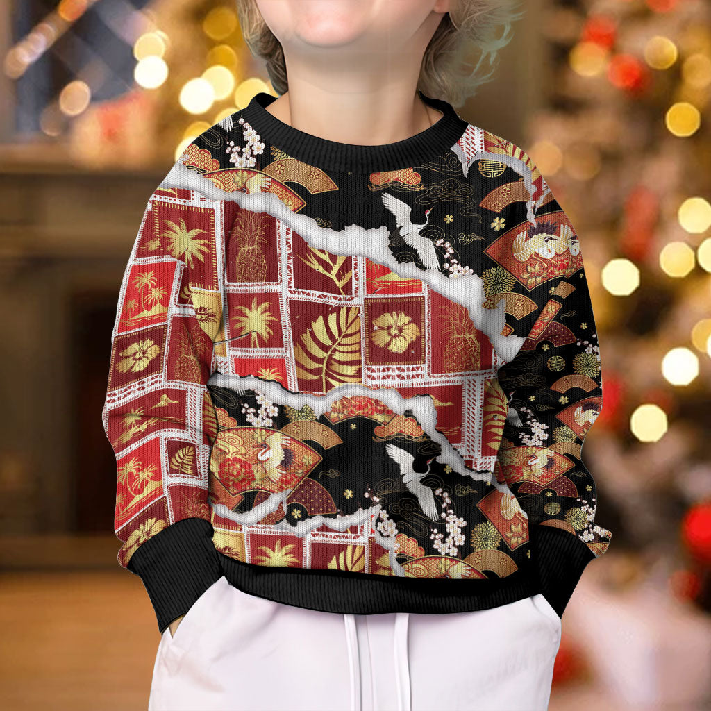 Hawaii Japanese Culture Black Kid Ugly Christmas Sweater Spring Cranes Aloha Pattern LT01 - Polynesian Pride