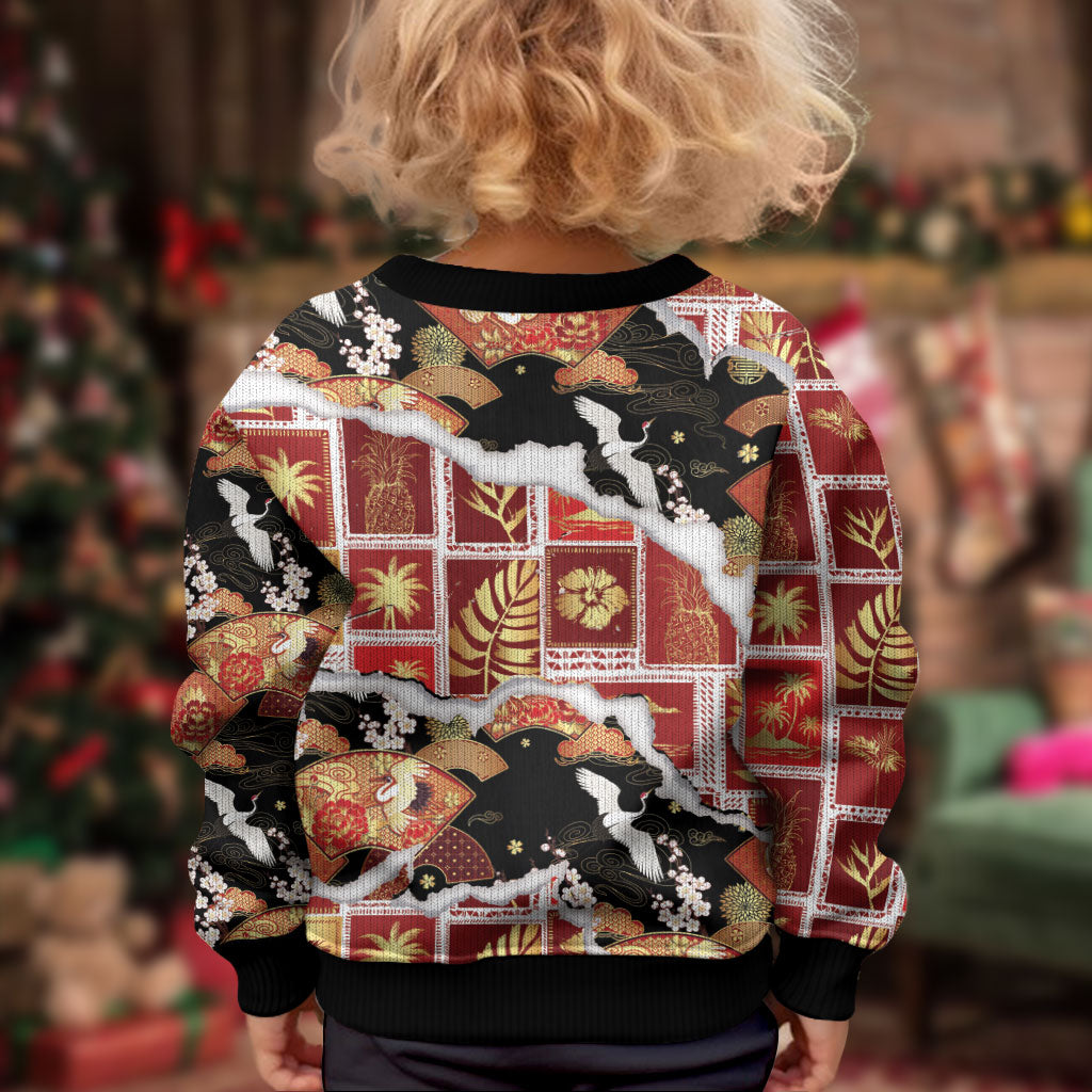 Hawaii Japanese Culture Black Kid Ugly Christmas Sweater Spring Cranes Aloha Pattern LT01 - Polynesian Pride