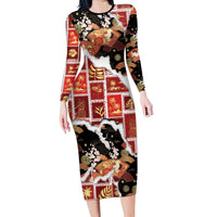 Hawaii Japanese Culture Black Long Sleeve Bodycon Dress Spring Cranes Aloha Pattern LT01 Long Dress Black - Polynesian Pride