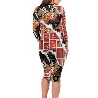 Hawaii Japanese Culture Black Long Sleeve Bodycon Dress Spring Cranes Aloha Pattern LT01 - Polynesian Pride