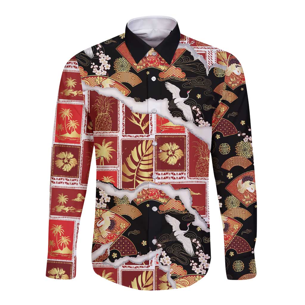 Hawaii Japanese Culture Black Long Sleeve Button Shirt Spring Cranes Aloha Pattern LT01 Unisex Black - Polynesian Pride