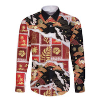 Hawaii Japanese Culture Black Long Sleeve Button Shirt Spring Cranes Aloha Pattern LT01 Unisex Black - Polynesian Pride
