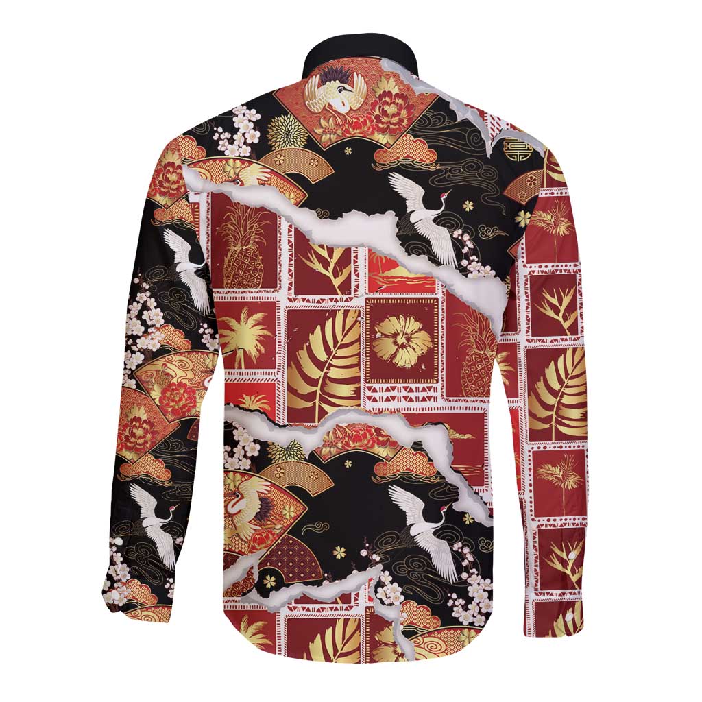 Hawaii Japanese Culture Black Long Sleeve Button Shirt Spring Cranes Aloha Pattern LT01 - Polynesian Pride