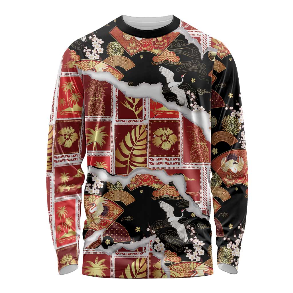 Hawaii Japanese Culture Black Long Sleeve Shirt Spring Cranes Aloha Pattern LT01 Unisex Black - Polynesian Pride