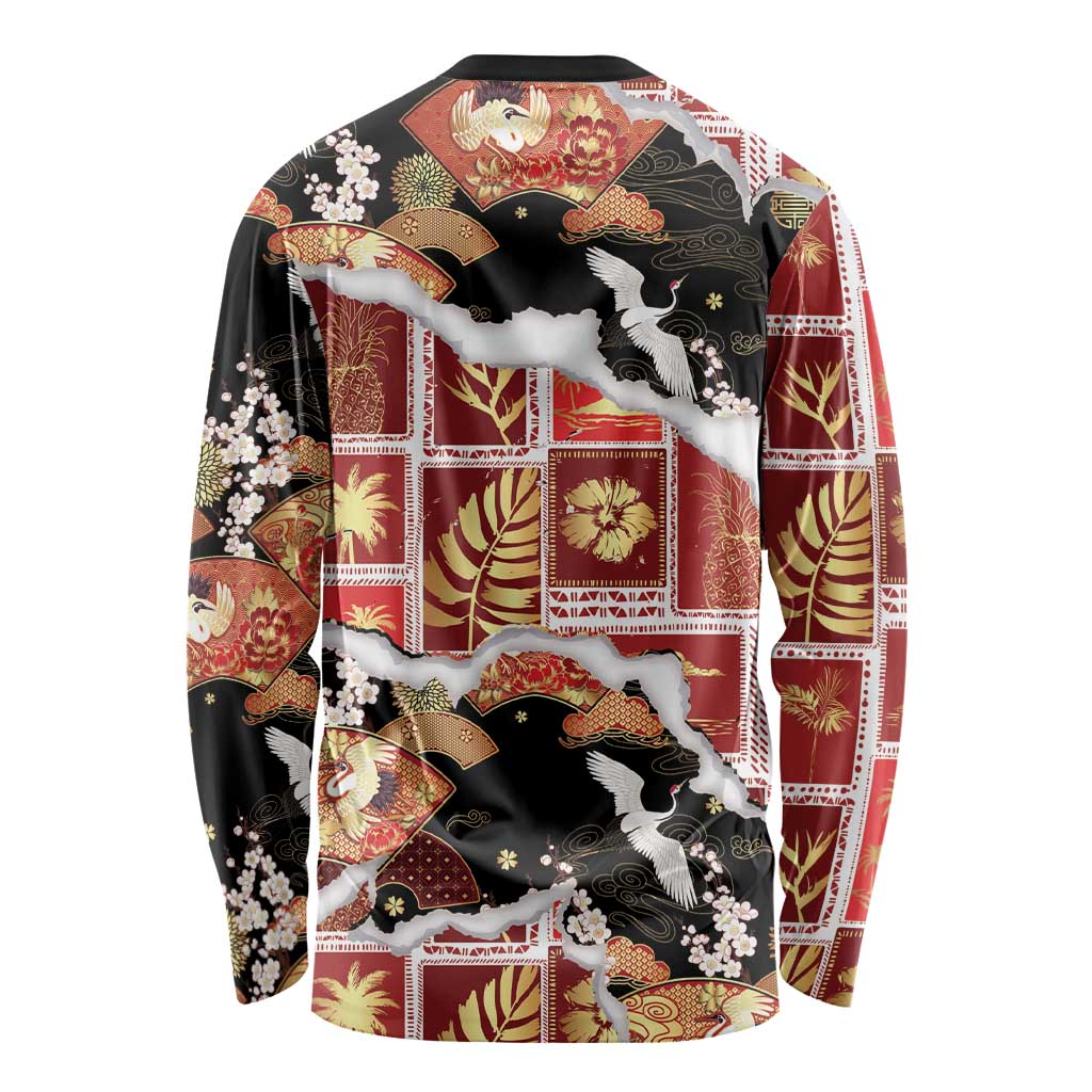 Hawaii Japanese Culture Black Long Sleeve Shirt Spring Cranes Aloha Pattern LT01 - Polynesian Pride