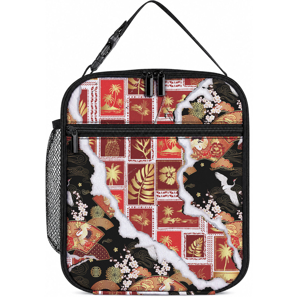 Hawaii Japanese Culture Black Lunch Bag Spring Cranes Aloha Pattern LT01 10.2 × 8.3 × 4.3 inch Black - Polynesian Pride