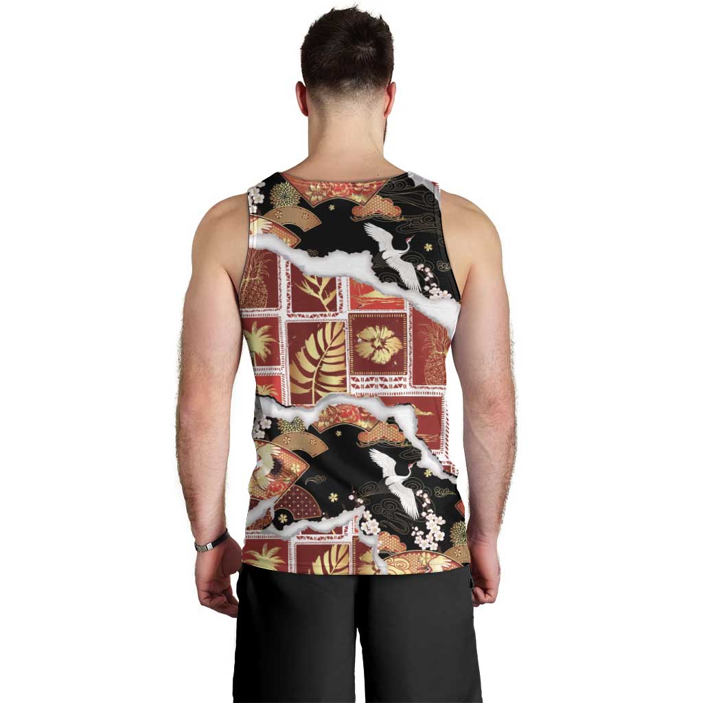 Hawaii Japanese Culture Black Men Tank Top Spring Cranes Aloha Pattern LT01 - Polynesian Pride