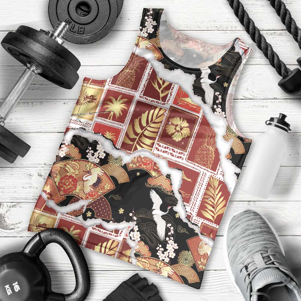 Hawaii Japanese Culture Black Men Tank Top Spring Cranes Aloha Pattern LT01 - Polynesian Pride