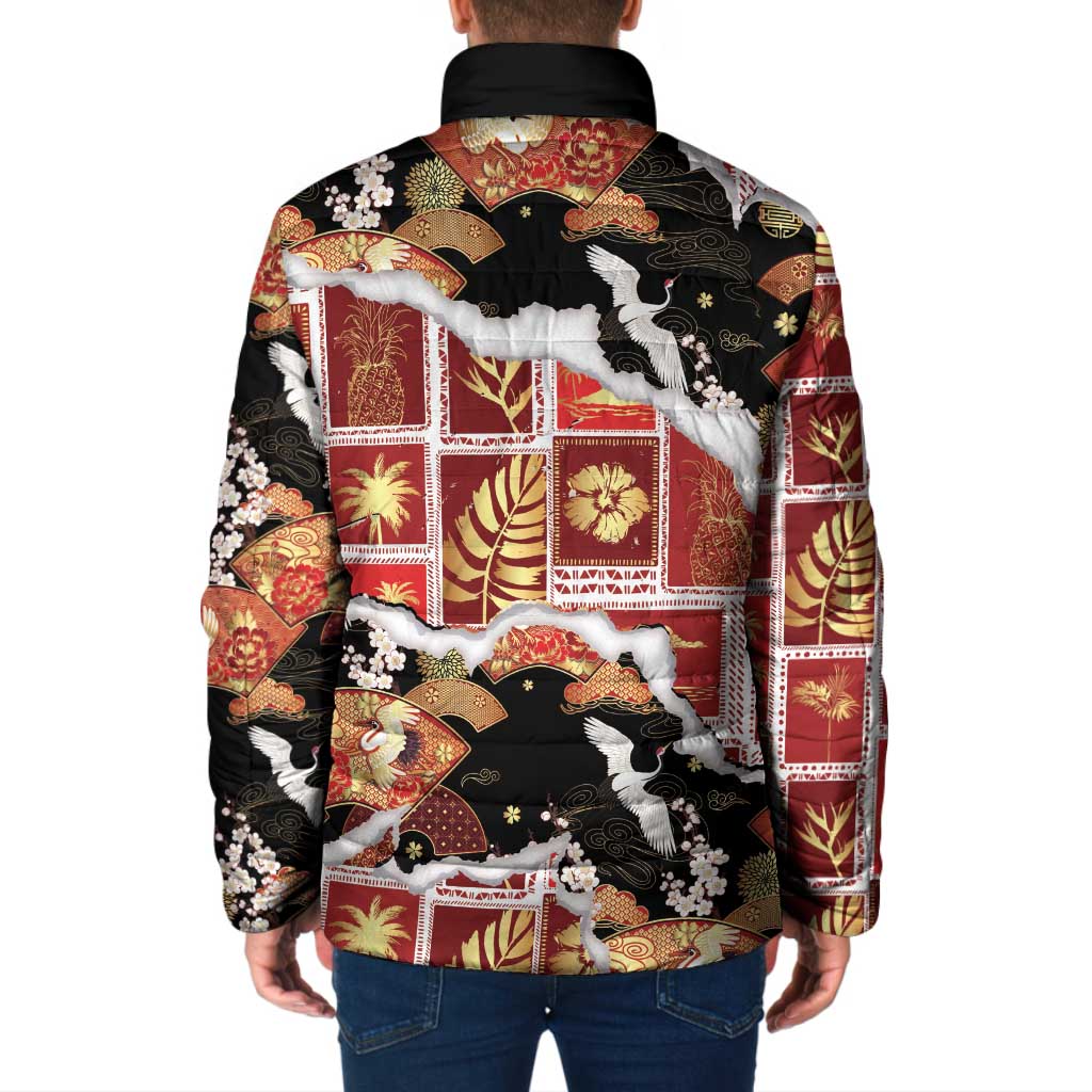 Hawaii Japanese Culture Black Padded Jacket Spring Cranes Aloha Pattern LT01 - Polynesian Pride