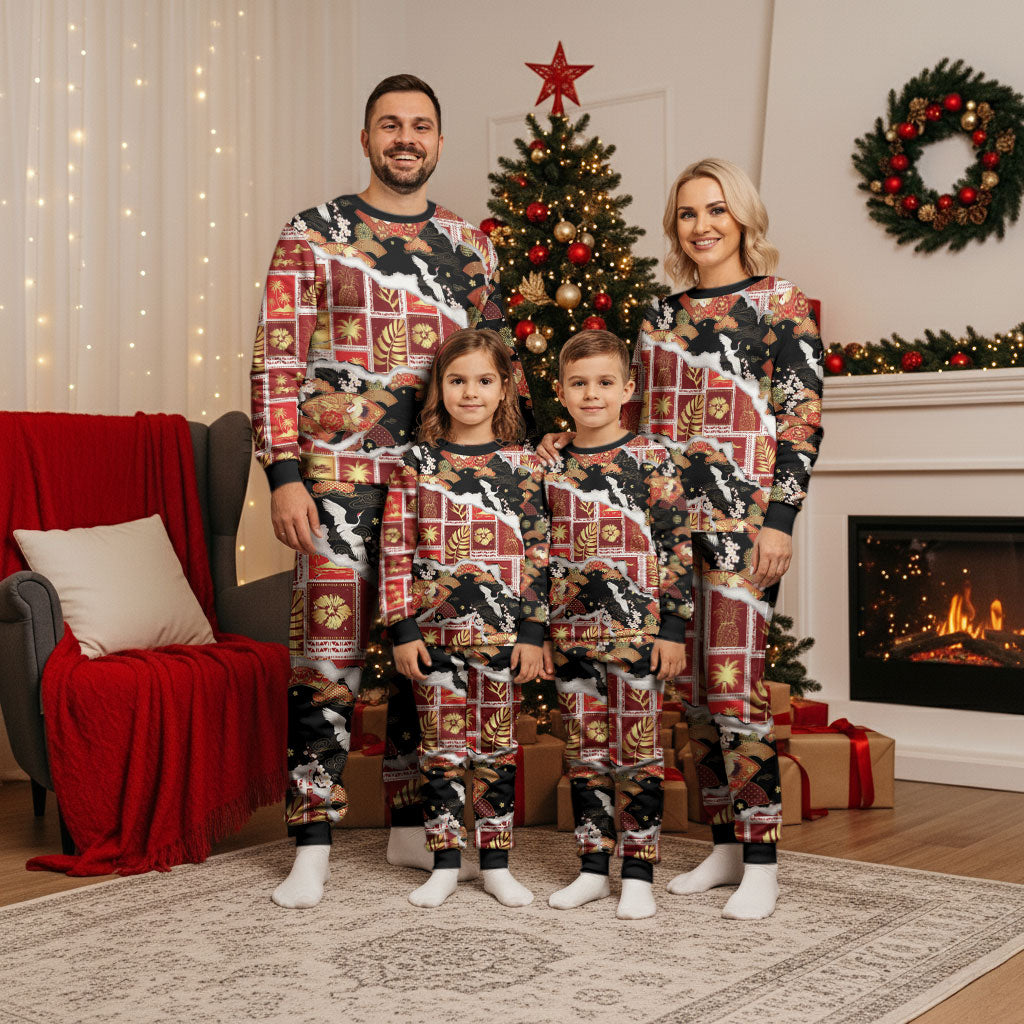 Hawaii Japanese Culture Black Christmas Pajama Set Spring Cranes Aloha Pattern LT01 - Polynesian Pride