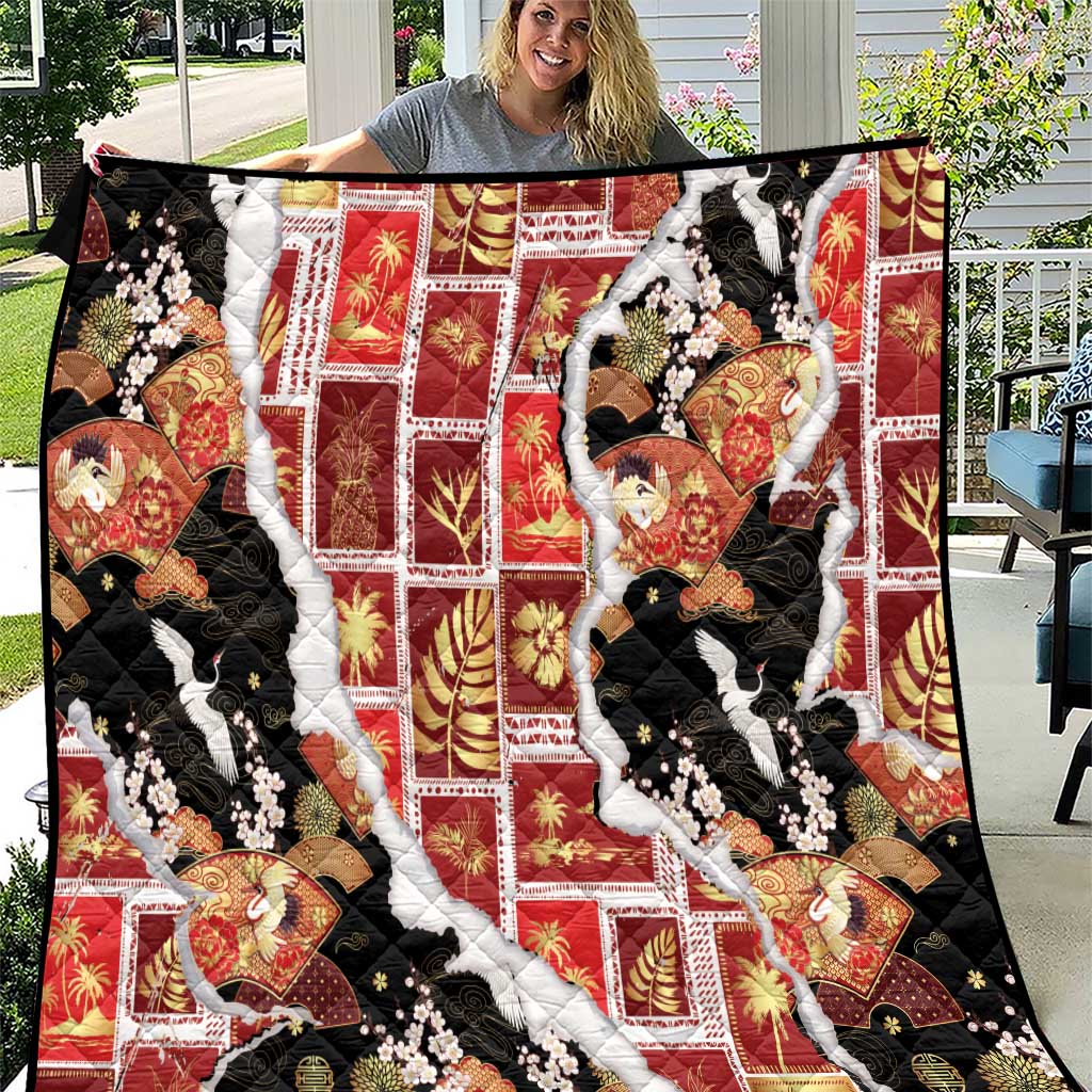 Hawaii Japanese Culture Black Quilt Spring Cranes Aloha Pattern LT01 Black - Polynesian Pride