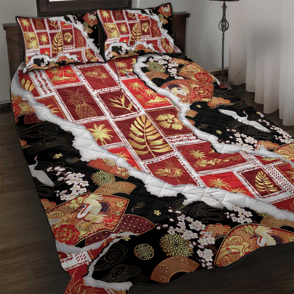 Hawaii Japanese Culture Black Quilt Bed Set Spring Cranes Aloha Pattern LT01 Black - Polynesian Pride