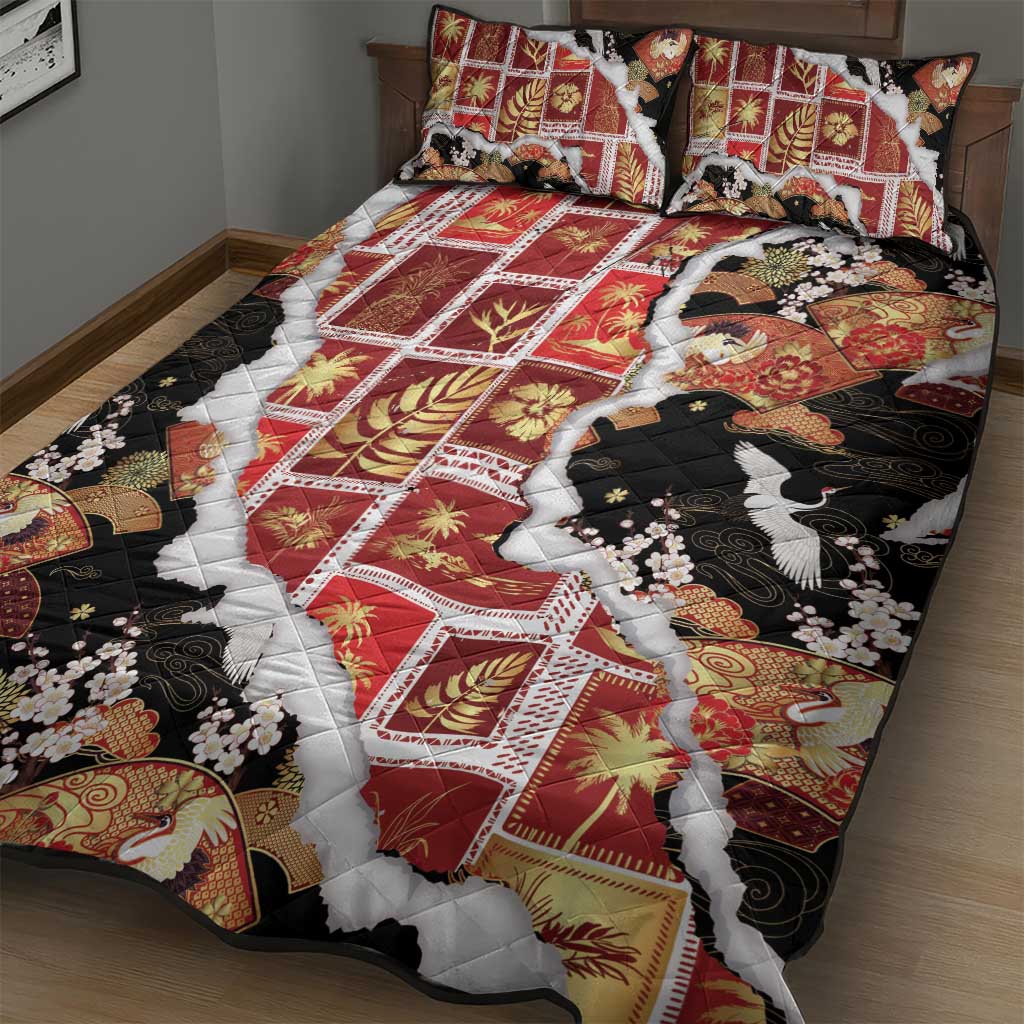 Hawaii Japanese Culture Black Quilt Bed Set Spring Cranes Aloha Pattern LT01 - Polynesian Pride