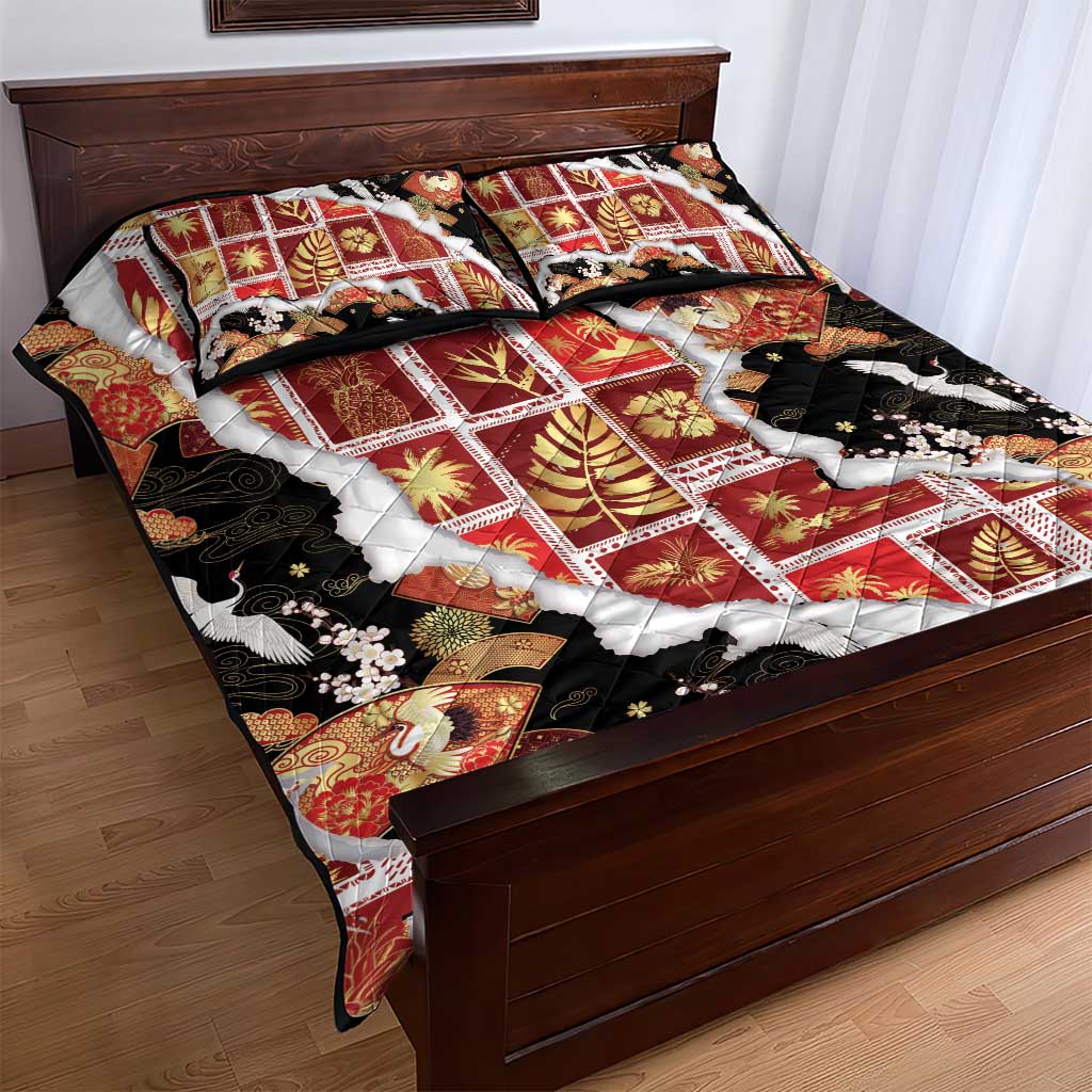 Hawaii Japanese Culture Black Quilt Bed Set Spring Cranes Aloha Pattern LT01 - Polynesian Pride
