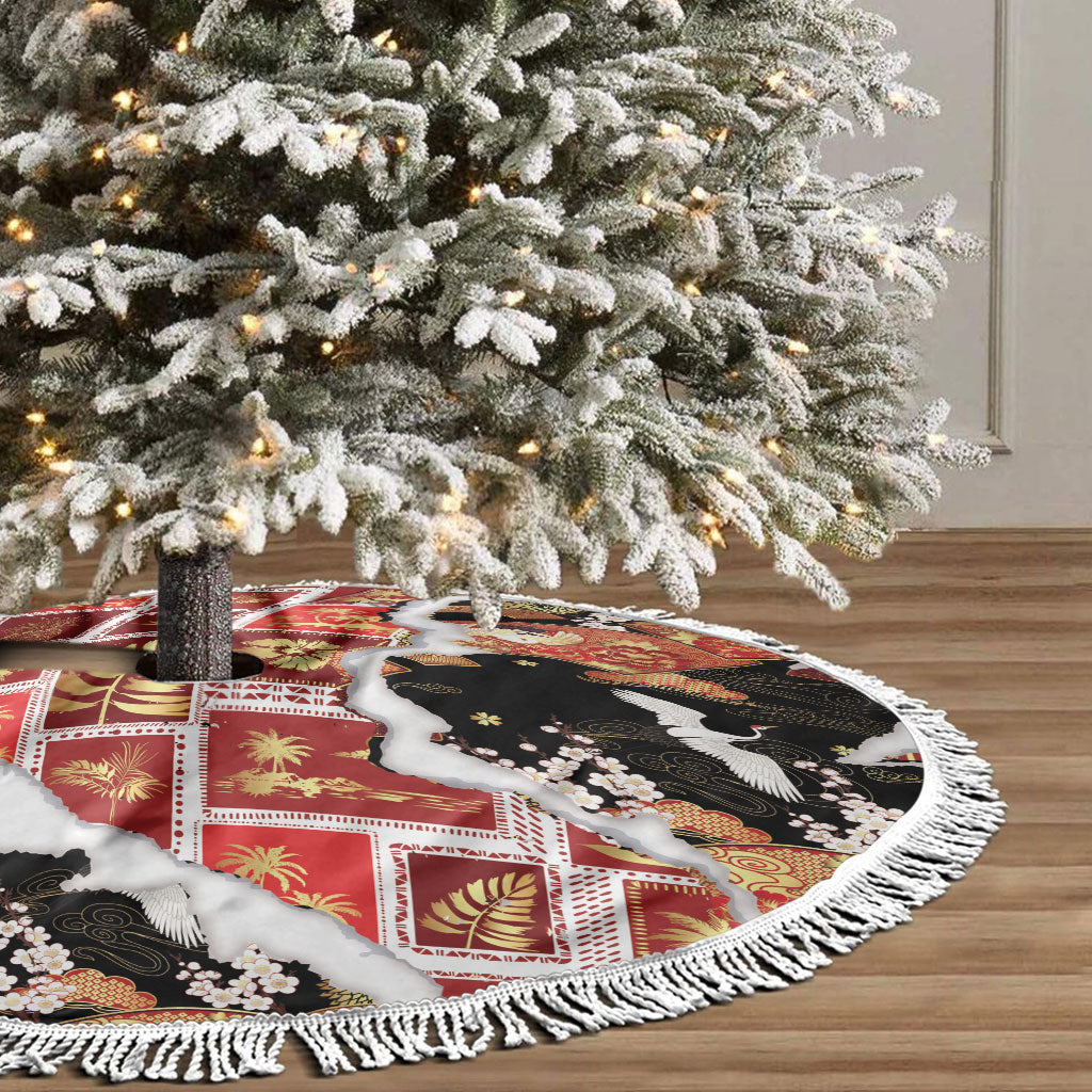 Hawaii Japanese Culture Black Tree Skirt Spring Cranes Aloha Pattern LT01 - Polynesian Pride