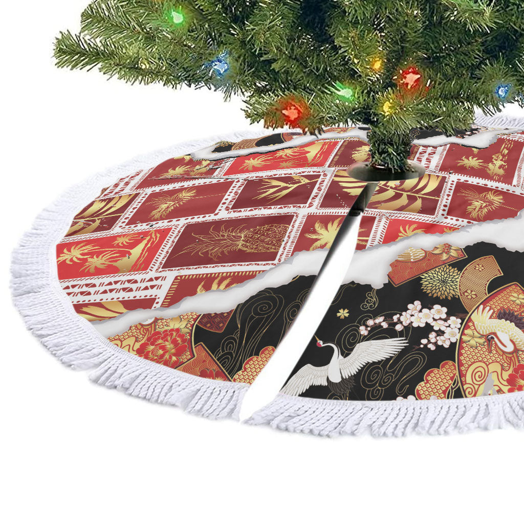 Hawaii Japanese Culture Black Tree Skirt Spring Cranes Aloha Pattern LT01 - Polynesian Pride