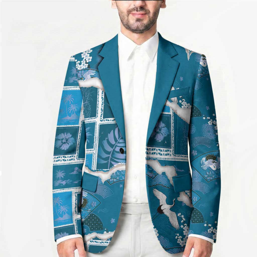 Hawaii Japanese Culture Blue Blazer Spring Cranes Aloha Pattern LT01 - Polynesian Pride