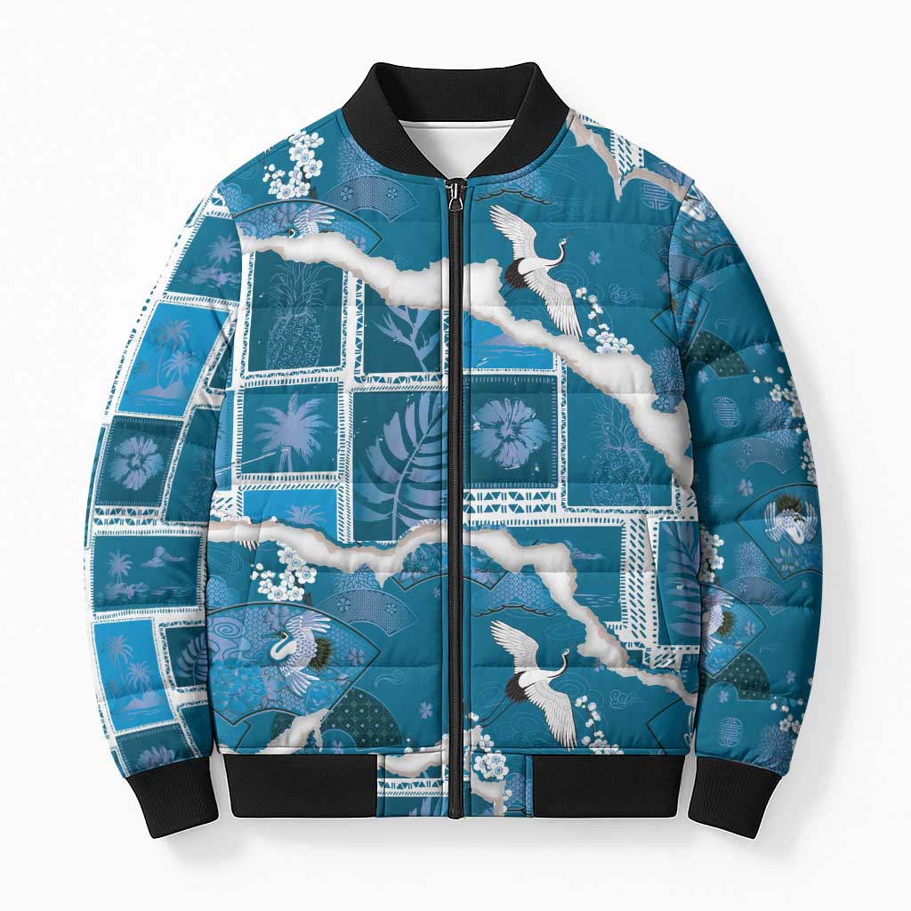 Hawaii Japanese Culture Blue Bomber Puffer Jacket Spring Cranes Aloha Pattern LT01 Unisex Blue - Polynesian Pride