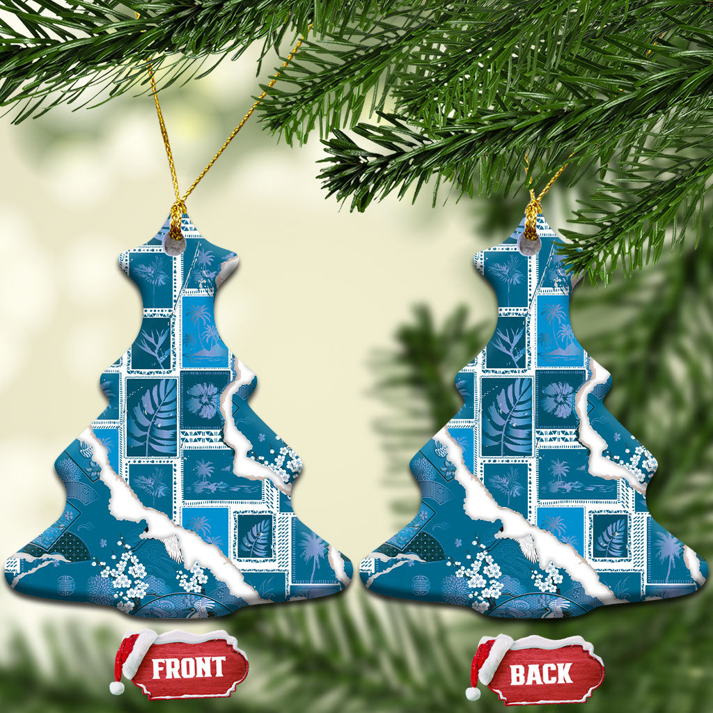 Hawaii Japanese Culture Blue Ceramic Ornament Spring Cranes Aloha Pattern LT01 Christmas Tree Blue - Polynesian Pride