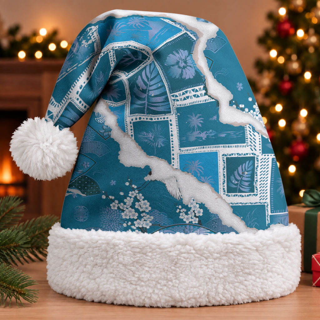 Hawaii Japanese Culture Blue Christmas Santa Hat Spring Cranes Aloha Pattern LT01 With Fur Blue - Polynesian Pride