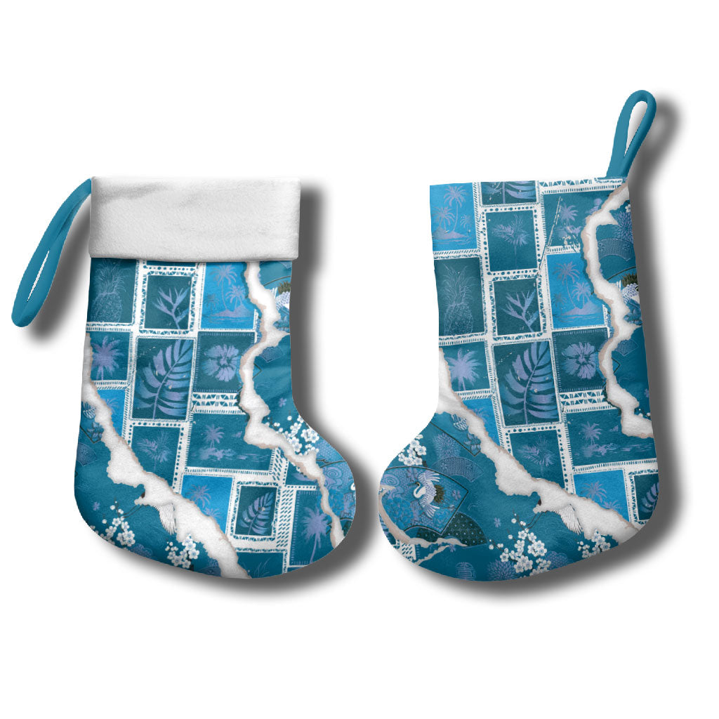 Hawaii Japanese Culture Blue Christmas Stocking Spring Cranes Aloha Pattern LT01 - Polynesian Pride
