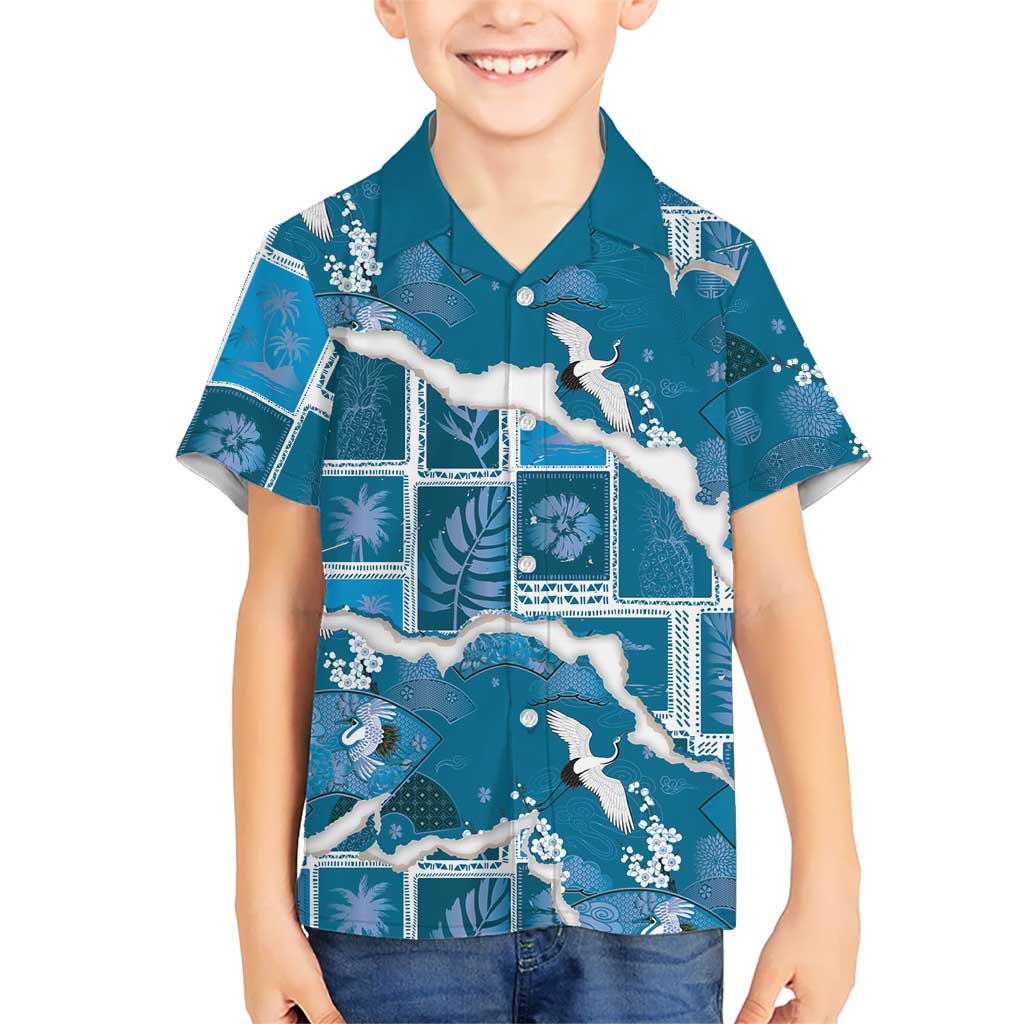 Hawaii Japanese Culture Blue Kid Hawaiian Shirt Spring Cranes Aloha Pattern LT01 Kid Blue - Polynesian Pride