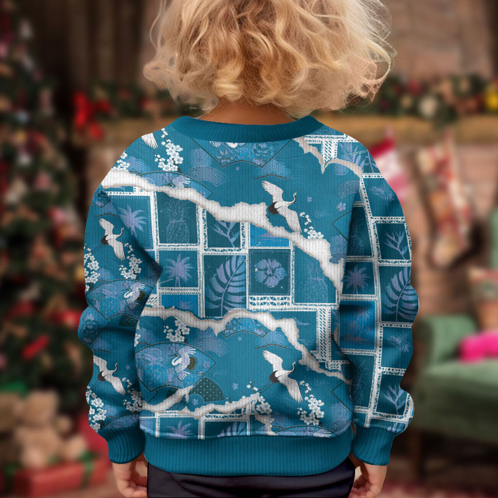 Hawaii Japanese Culture Blue Kid Ugly Christmas Sweater Spring Cranes Aloha Pattern LT01 - Polynesian Pride