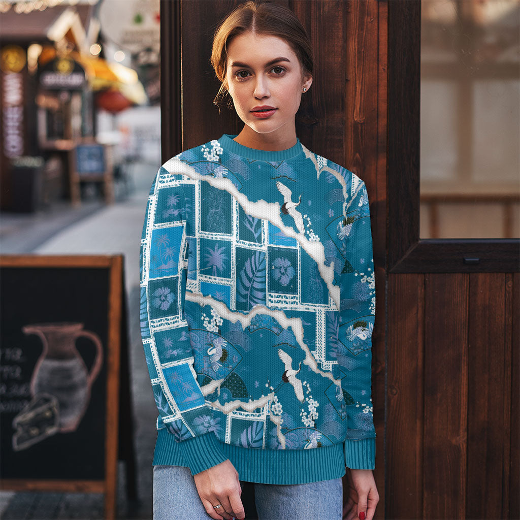 Hawaii Japanese Culture Blue Ugly Christmas Sweater Spring Cranes Aloha Pattern LT01 - Polynesian Pride