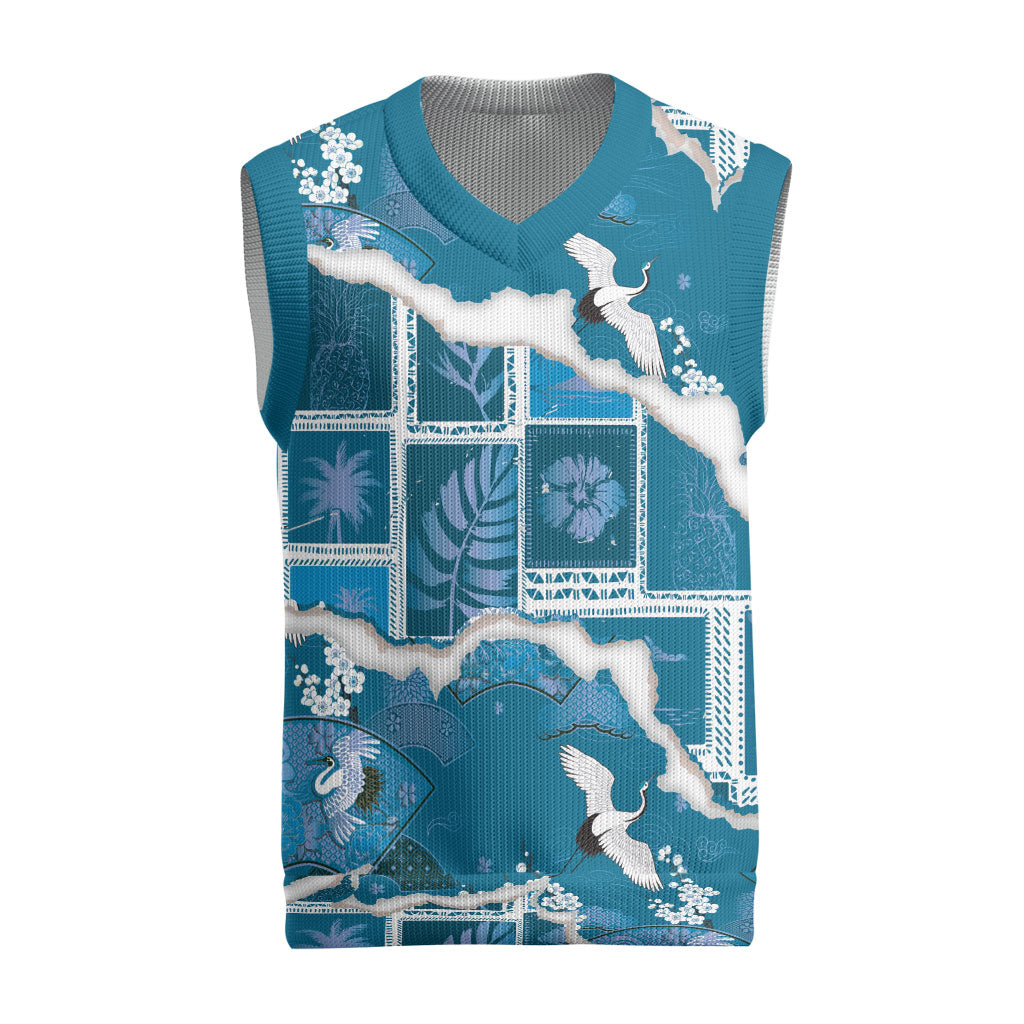 Hawaii Japanese Culture Blue Christmas Knitted V-Neck Vest Spring Cranes Aloha Pattern LT01 Blue - Polynesian Pride