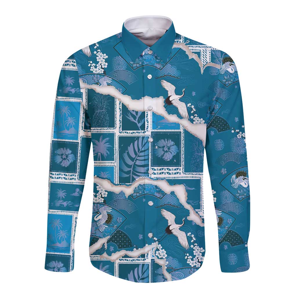 Hawaii Japanese Culture Blue Long Sleeve Button Shirt Spring Cranes Aloha Pattern LT01 Unisex Blue - Polynesian Pride
