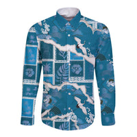 Hawaii Japanese Culture Blue Long Sleeve Button Shirt Spring Cranes Aloha Pattern LT01 Unisex Blue - Polynesian Pride