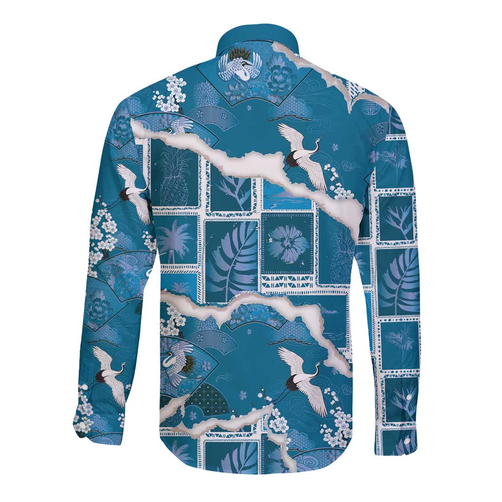Hawaii Japanese Culture Blue Long Sleeve Button Shirt Spring Cranes Aloha Pattern LT01 - Polynesian Pride