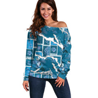 Hawaii Japanese Culture Blue Off Shoulder Sweater Spring Cranes Aloha Pattern LT01 Women Blue - Polynesian Pride
