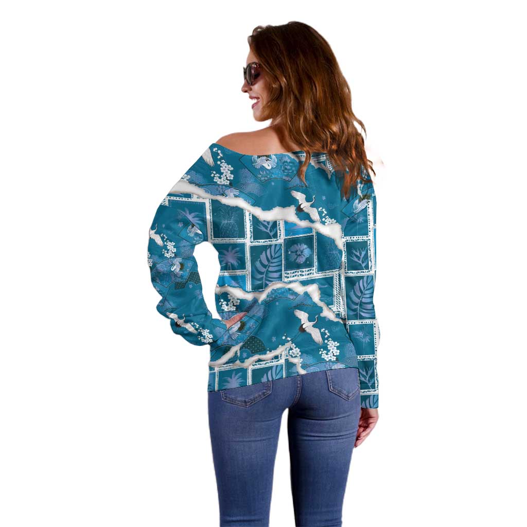 Hawaii Japanese Culture Blue Off Shoulder Sweater Spring Cranes Aloha Pattern LT01 - Polynesian Pride