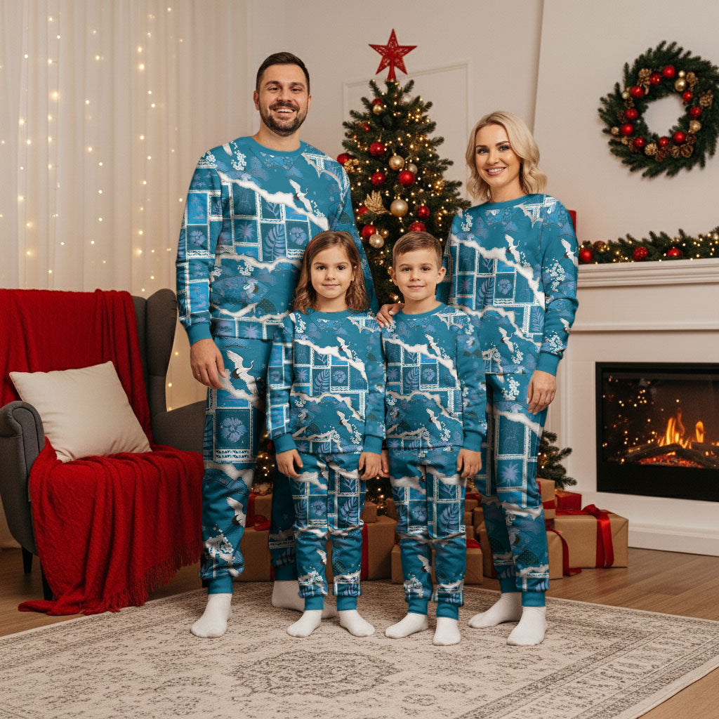 Hawaii Japanese Culture Blue Christmas Pajama Set Spring Cranes Aloha Pattern LT01 - Polynesian Pride