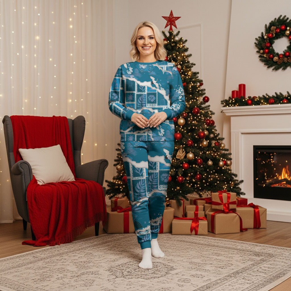 Hawaii Japanese Culture Blue Christmas Pajama Set Spring Cranes Aloha Pattern LT01 Women Blue - Polynesian Pride