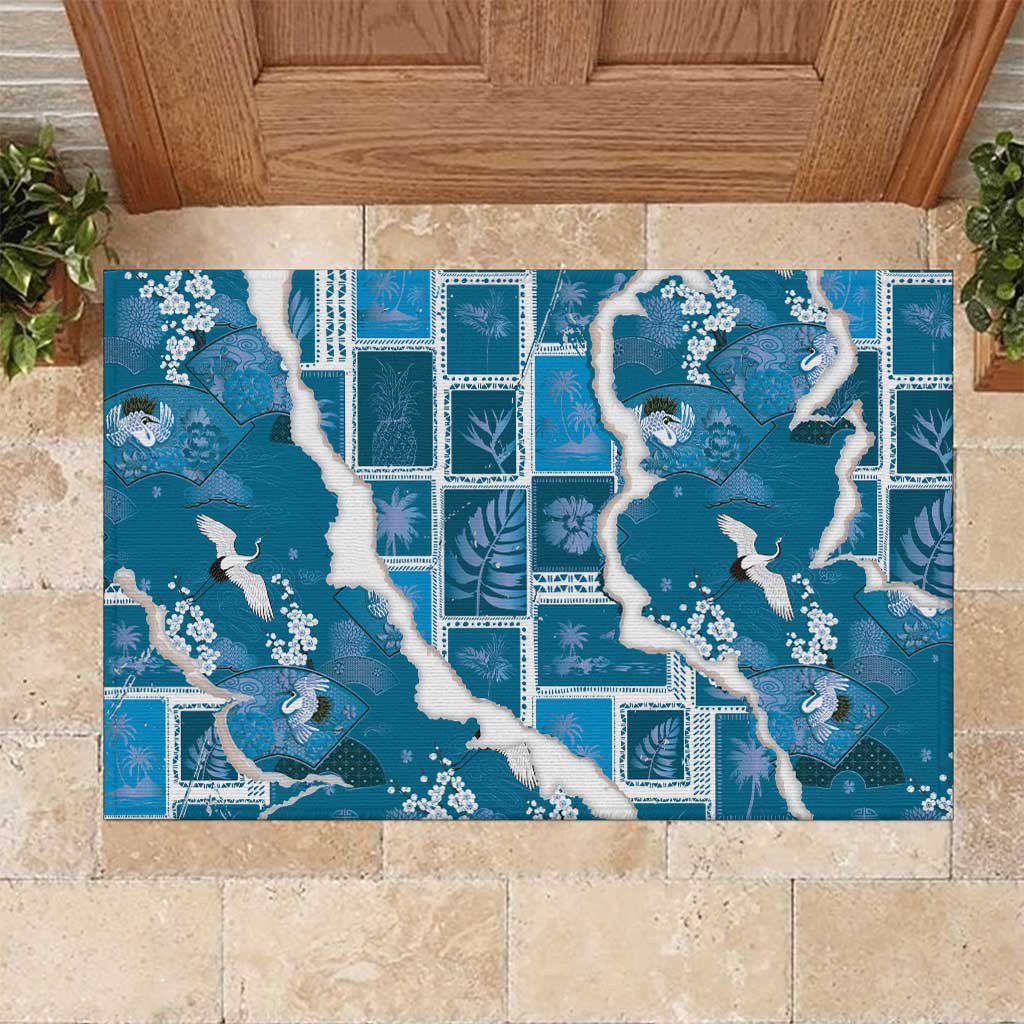 Hawaii Japanese Culture Blue Rubber Doormat Spring Cranes Aloha Pattern LT01 Blue - Polynesian Pride