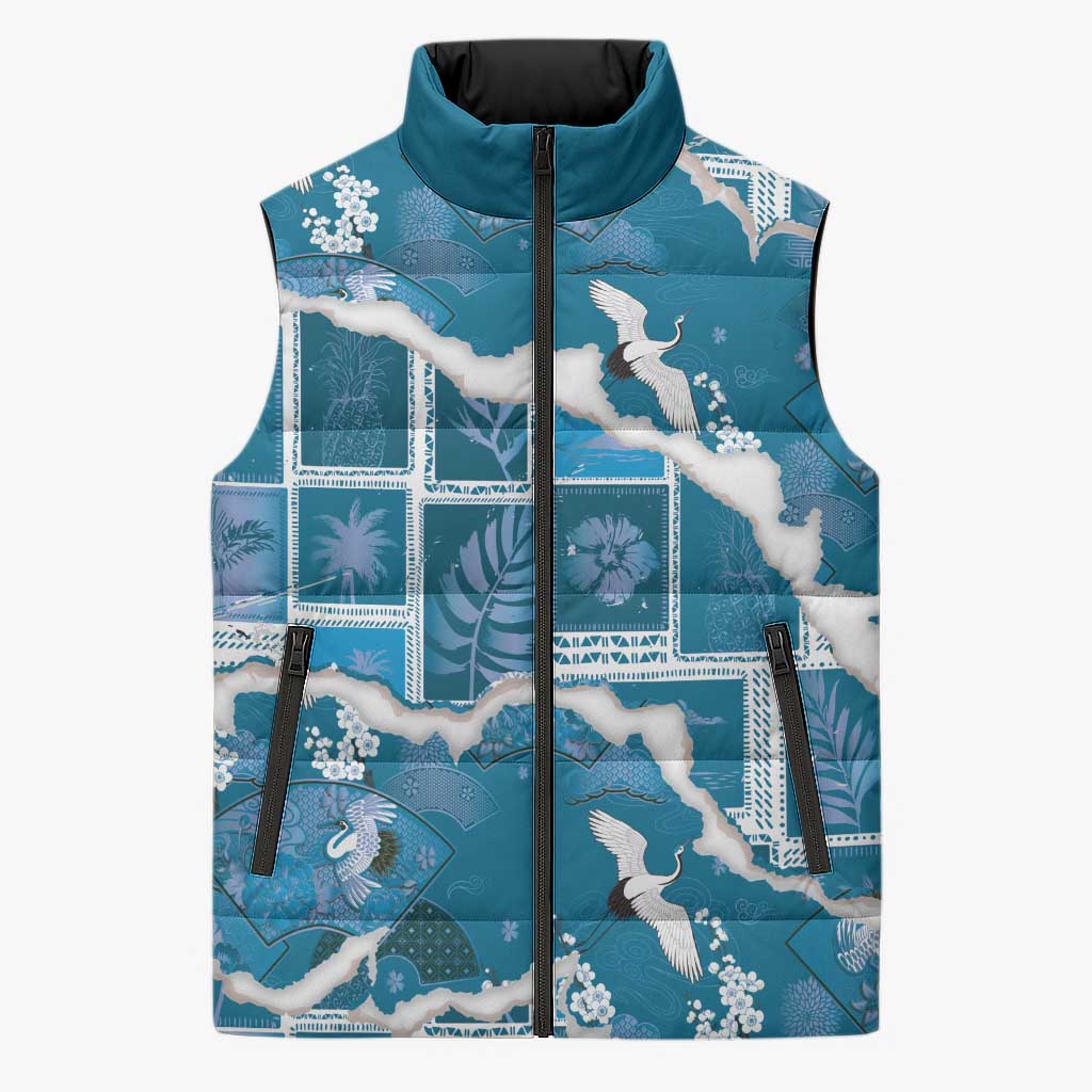 Hawaii Japanese Culture Blue Sleeveless Puffer Jacket Spring Cranes Aloha Pattern LT01 Unisex Blue - Polynesian Pride