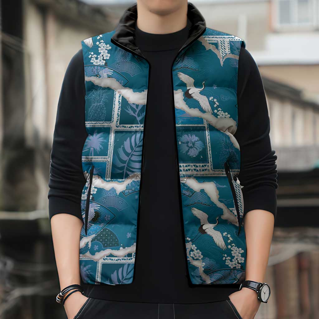 Hawaii Japanese Culture Blue Sleeveless Puffer Jacket Spring Cranes Aloha Pattern LT01 - Polynesian Pride