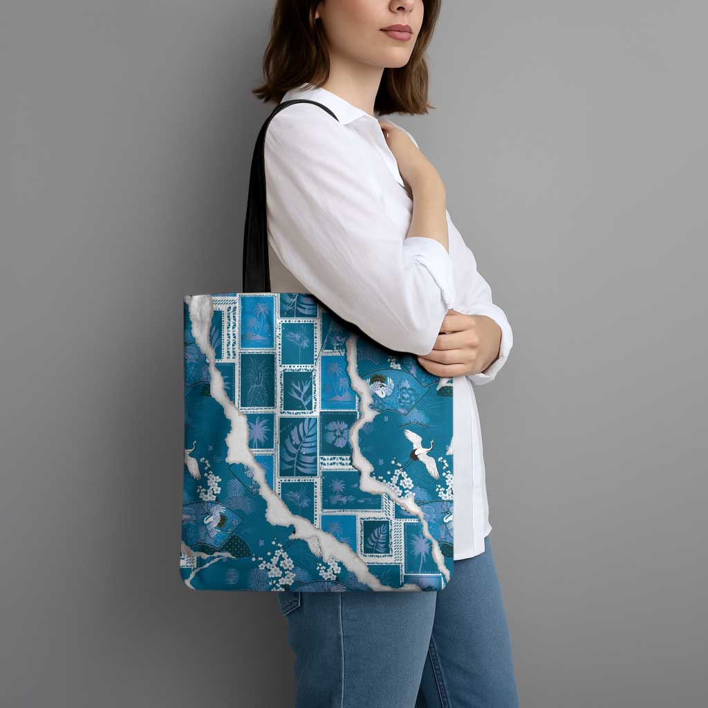 Hawaii Japanese Culture Blue Tote Bag Spring Cranes Aloha Pattern LT01 - Polynesian Pride