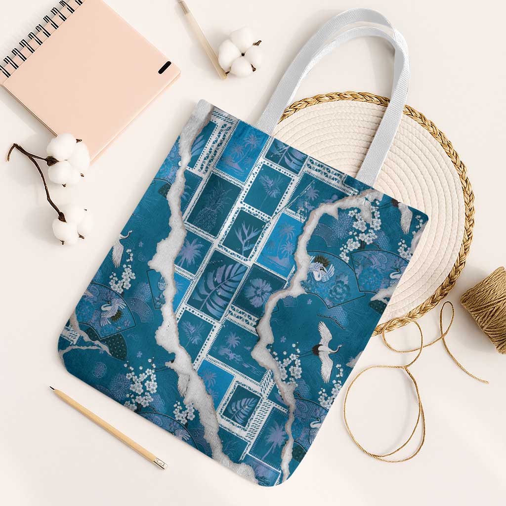 Hawaii Japanese Culture Blue Tote Bag Spring Cranes Aloha Pattern LT01 White Strap One Size Blue - Polynesian Pride