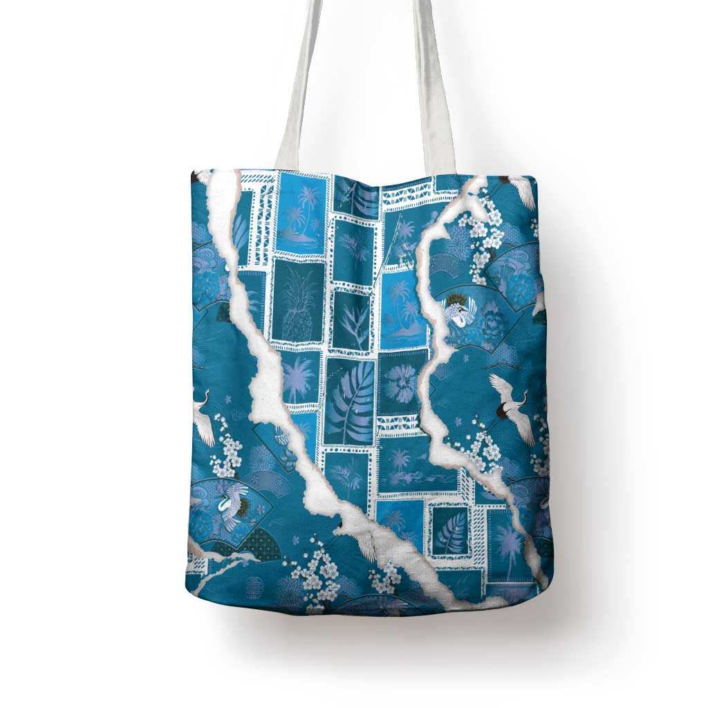 Hawaii Japanese Culture Blue Tote Bag Spring Cranes Aloha Pattern LT01 - Polynesian Pride