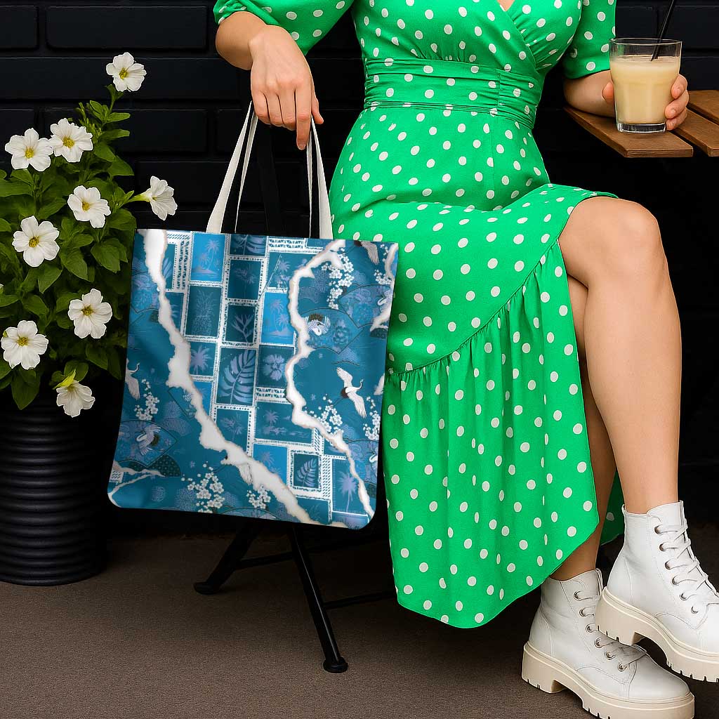 Hawaii Japanese Culture Blue Tote Bag Spring Cranes Aloha Pattern LT01 - Polynesian Pride