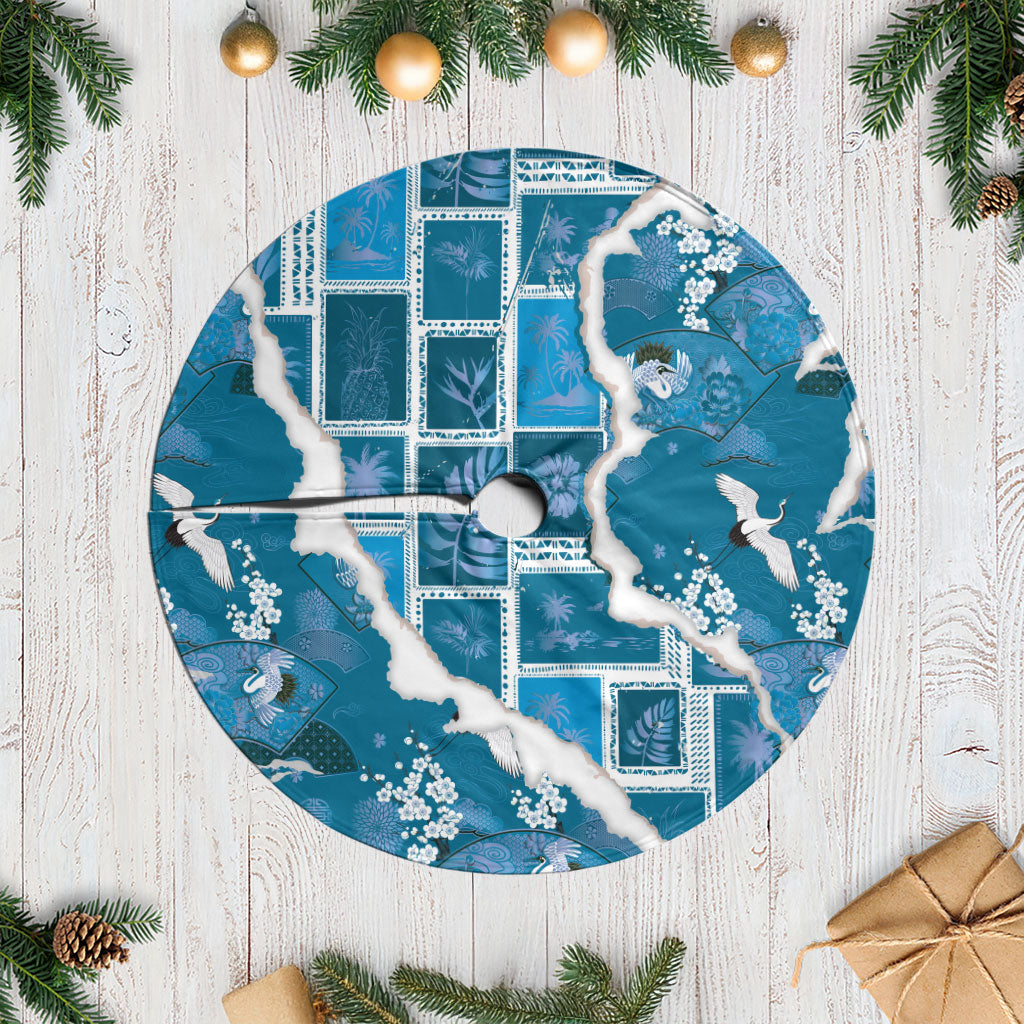 Hawaii Japanese Culture Blue Tree Skirt Spring Cranes Aloha Pattern LT01 Casual Blue - Polynesian Pride