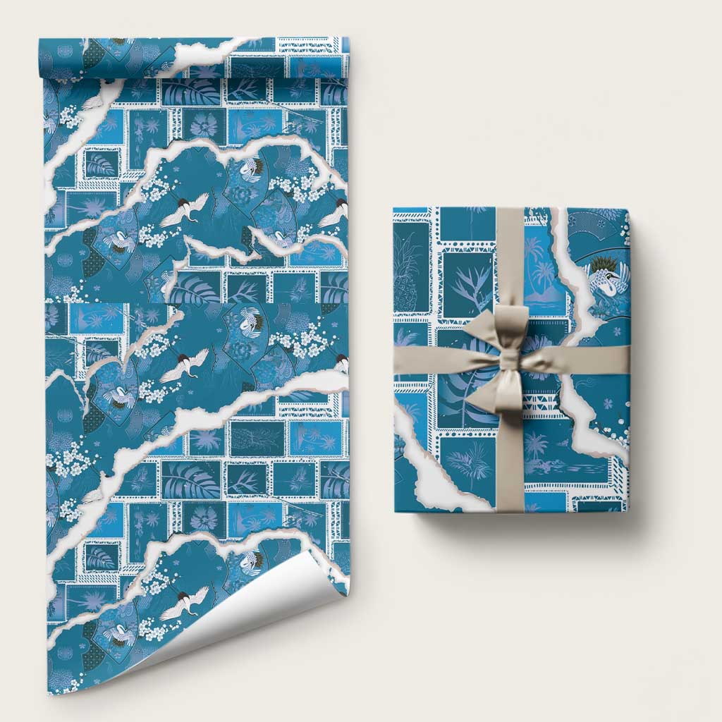Hawaii Japanese Culture Blue Wrapping Paper Spring Cranes Aloha Pattern LT01 58" × 23" Blue - Polynesian Pride
