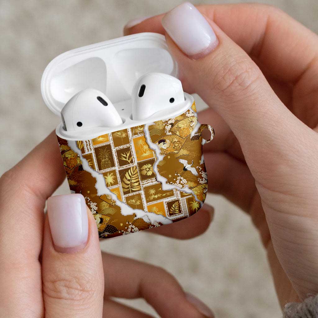 Hawaii Japanese Culture Gold AirPods Case Spring Cranes Aloha Pattern LT01 - Polynesian Pride