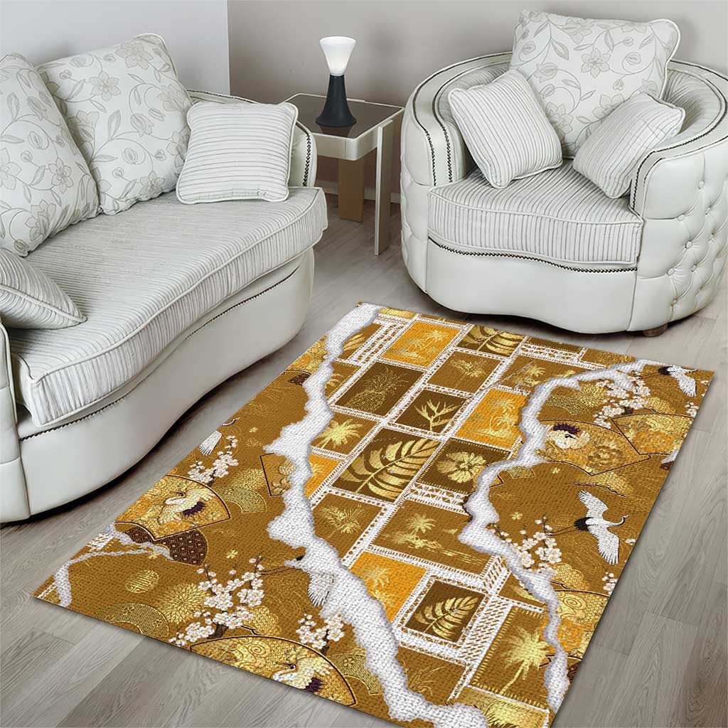 Hawaii Japanese Culture Gold Area Rug Spring Cranes Aloha Pattern LT01 - Polynesian Pride