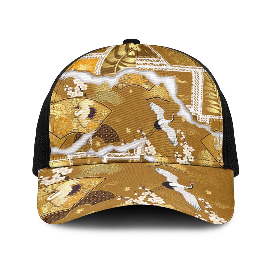 Hawaii Japanese Culture Gold Baseball Net Cap Spring Cranes Aloha Pattern LT01 One Size Black Gold - Polynesian Pride